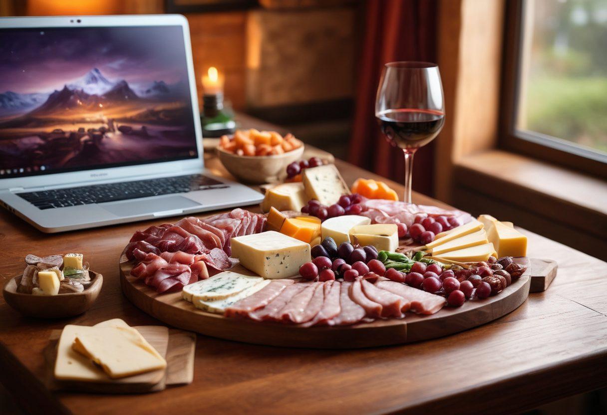 A dramatic tabletop scene featuring a beautifully arranged charcuterie board with various cheeses and meats, paired with an elegant wine glass filled with deep red wine. In the background, a laptop with a tactical gameplay interface glowing softly, surrounded by gaming dice and strategy notebooks. Warm, inviting lighting casts a cozy atmosphere, emphasizing the fusion of culinary delight and gaming strategy. painting. warm colors. cozy atmosphere.