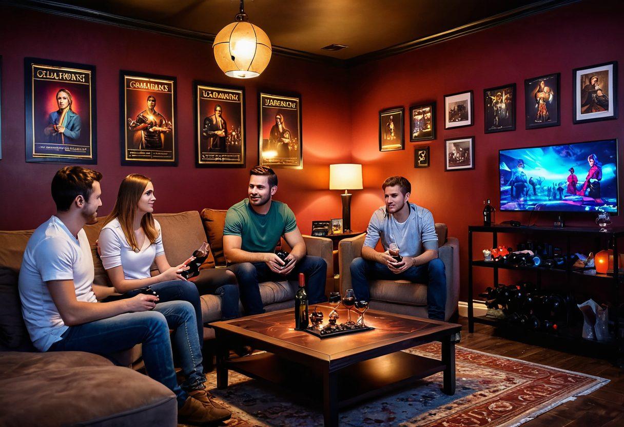A cozy gaming setup featuring a group of friends enjoying a night of gaming, surrounded by a variety of exquisite wine bottles, each uniquely labeled to match different gaming genres. The room is dimly lit with colorful LED lights casting a vibrant glow, showcasing both the gaming consoles and elegant wine glasses. A wall with gaming posters adds a playful touch to the ambiance. super-realistic. vibrant colors. warm lighting.