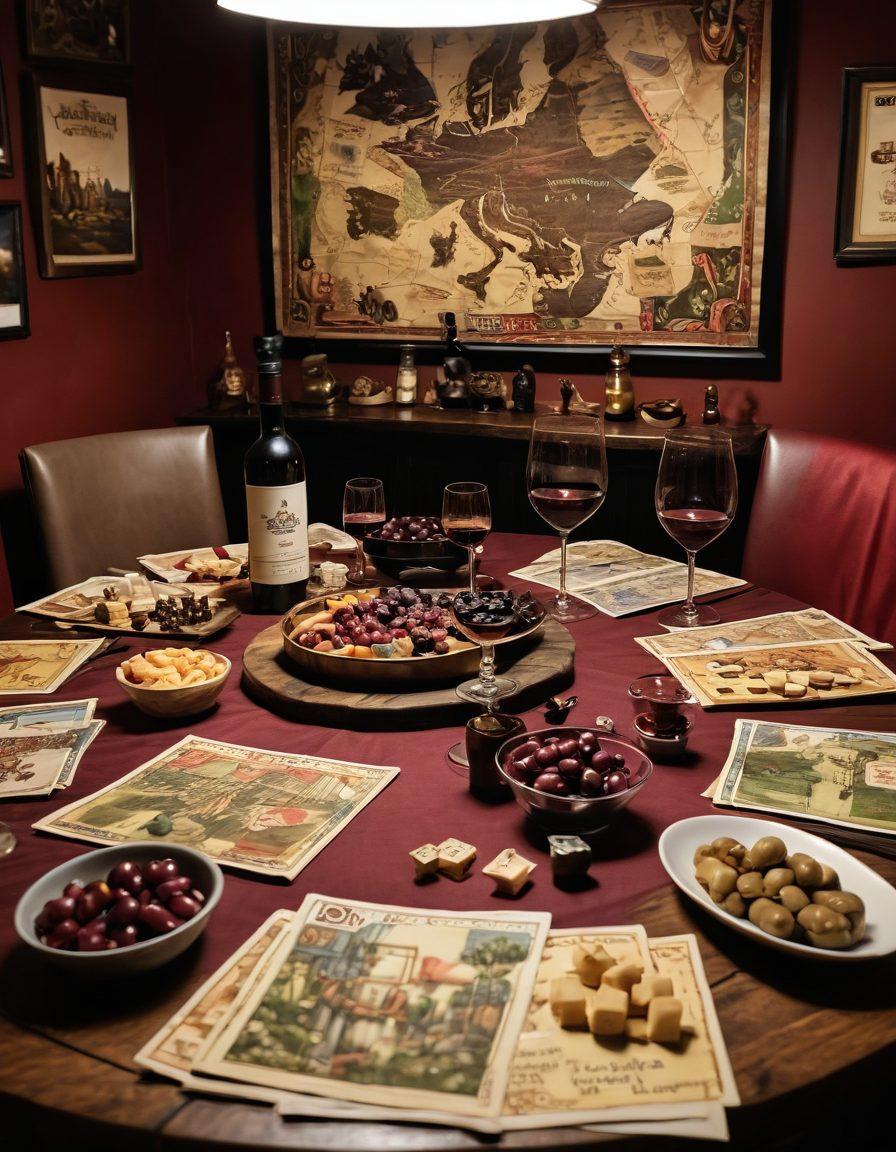 A whimsical tabletop setup featuring a luxurious wine glass filled with rich red wine, alongside a detailed board game with intricate pieces depicting a medieval battle scene. Dim lighting enhances the cozy atmosphere, while a backdrop showcases a wall filled with framed wine labels and game posters. Small snacks like cheese and olives scattered around add to the ambiance. The scene evokes a sense of strategy and indulgence in both wine tasting and gaming. vibrant colors. super-realistic. cozy ambiance.